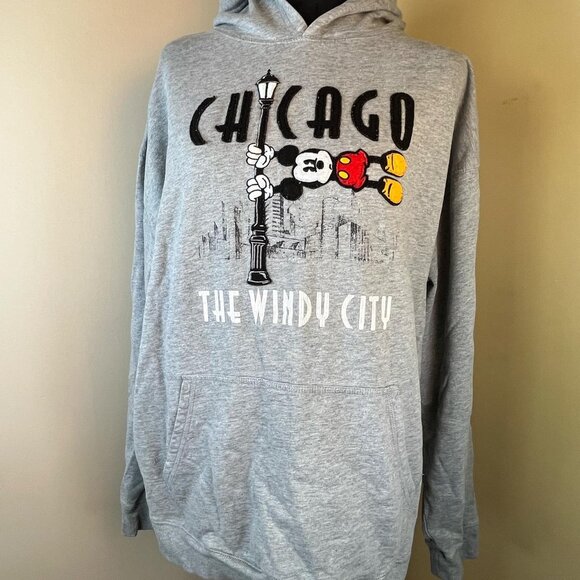 Disney Store Adult LG Mickey Mouse Chicago Hoodie The Windy City Gray - Picture 1 of 9